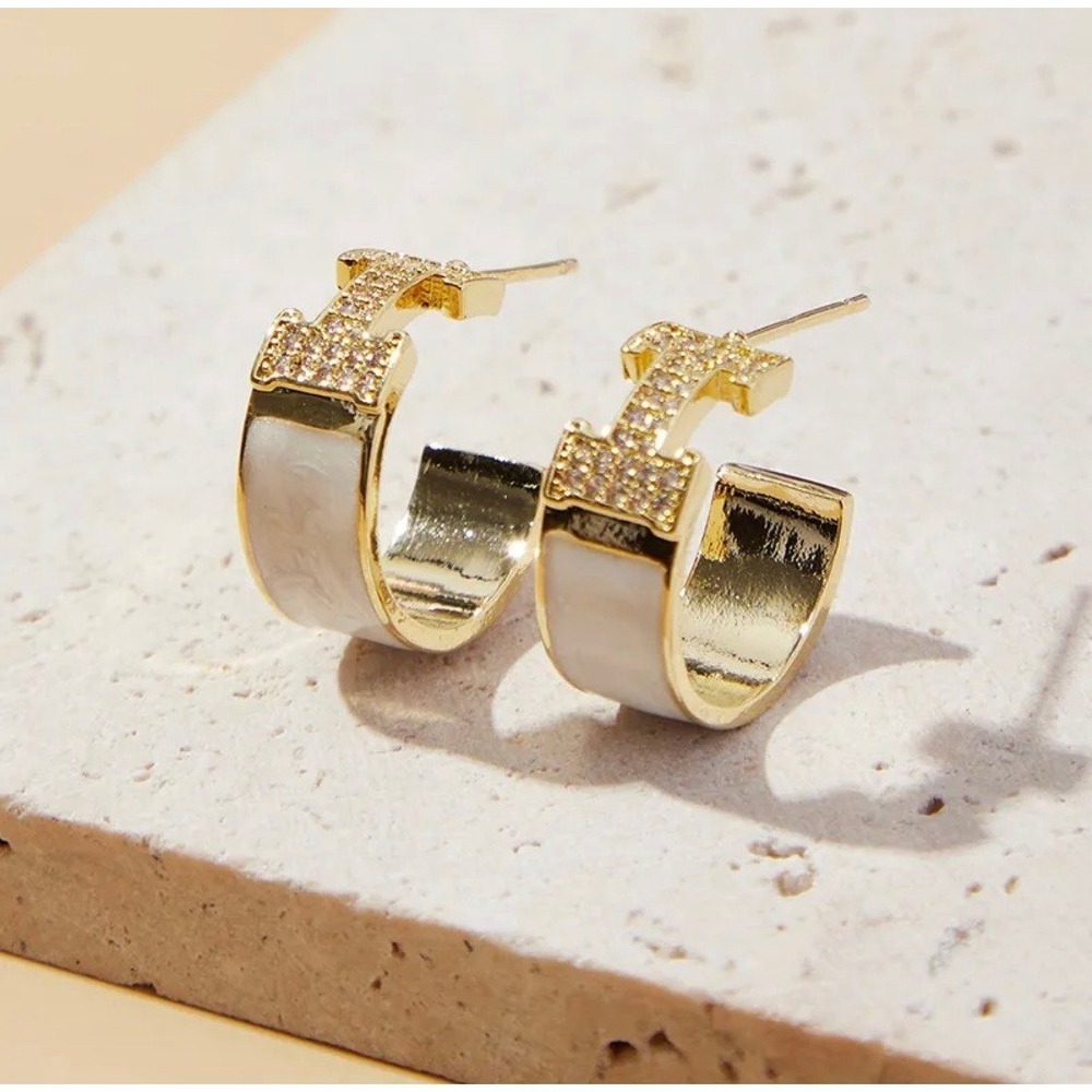 Gold Hoop Earrings with White Enamel and Rhinestones